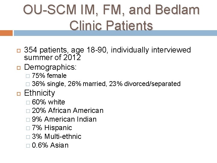 OU-SCM IM, FM, and Bedlam Clinic Patients 354 patients, age 18 -90, individually interviewed