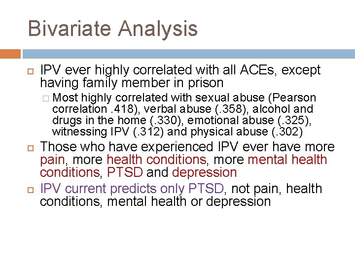 Bivariate Analysis IPV ever highly correlated with all ACEs, except having family member in