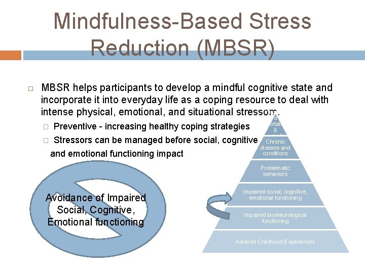 Mindfulness-Based Stress Reduction (MBSR) MBSR helps participants to develop a mindful cognitive state and