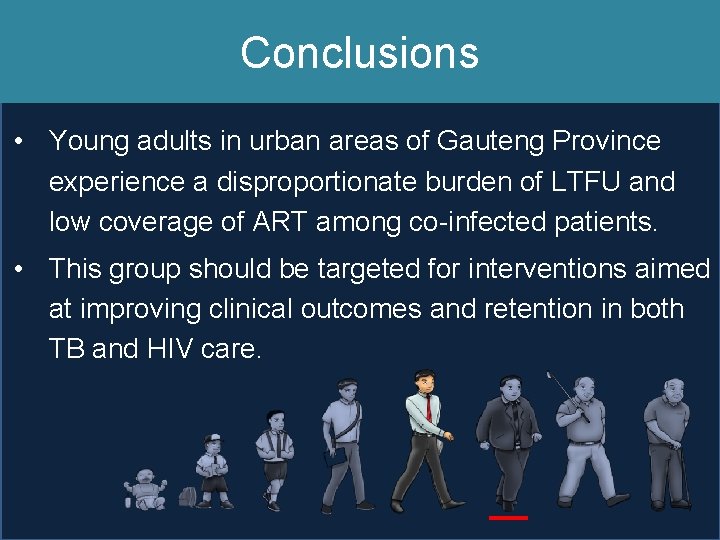 Conclusions • Young adults in urban areas of Gauteng Province experience a disproportionate burden