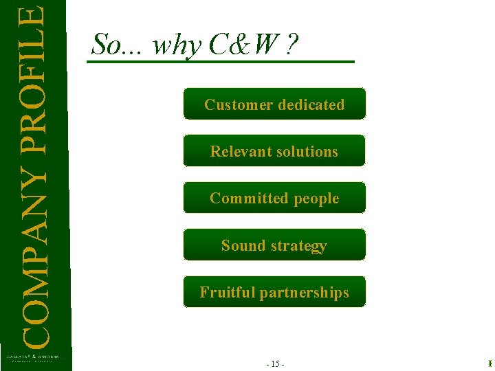 COMPANY PROFILE So. . . why C&W ? Customer dedicated Relevant solutions Committed people