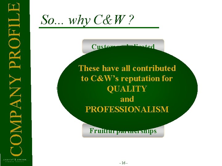 COMPANY PROFILE So. . . why C&W ? Customer dedicated Relevant solutions These have