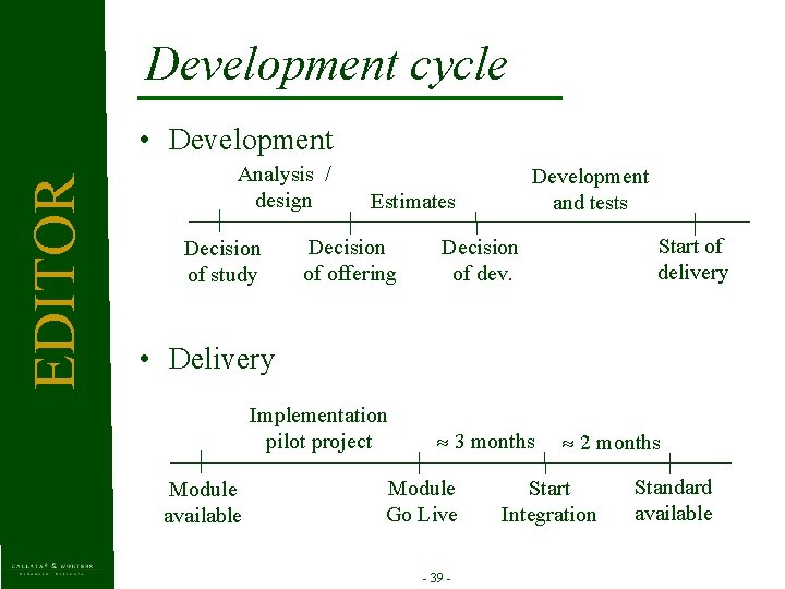 Development cycle EDITOR • Development Analysis / design Decision of study Development and tests