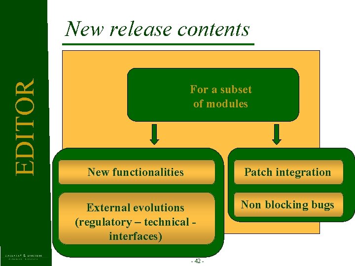 EDITOR New release contents For a subset of modules New functionalities Patch integration External