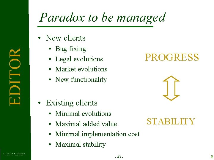 Paradox to be managed EDITOR • New clients • • Bug fixing Legal evolutions