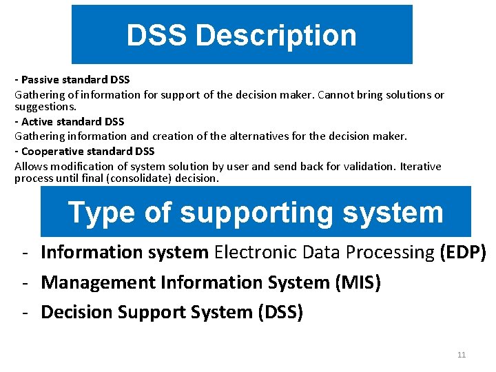 DSS Description - Passive standard DSS Gathering of information for support of the decision