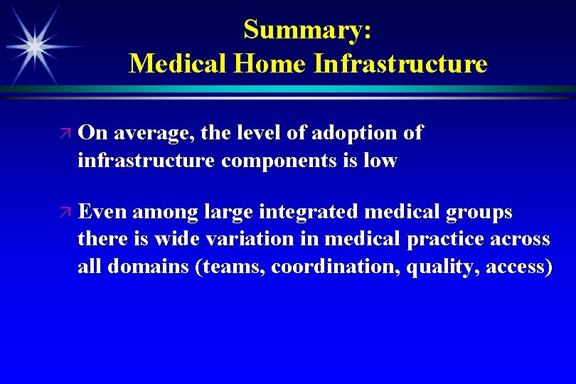 Summary: Medical Home Infrastructure On average, the level of adoption of infrastructure components is