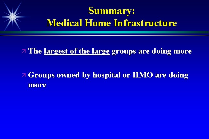 Summary: Medical Home Infrastructure The largest of the large groups are doing more Groups