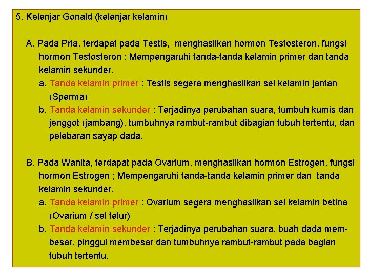 5. Kelenjar Gonald (kelenjar kelamin) A. Pada Pria, terdapat pada Testis, menghasilkan hormon Testosteron,