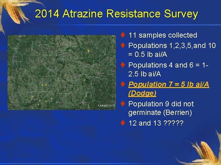 2014 Atrazine Resistance Survey t 11 samples collected t Populations 1, 2, 3, 5,