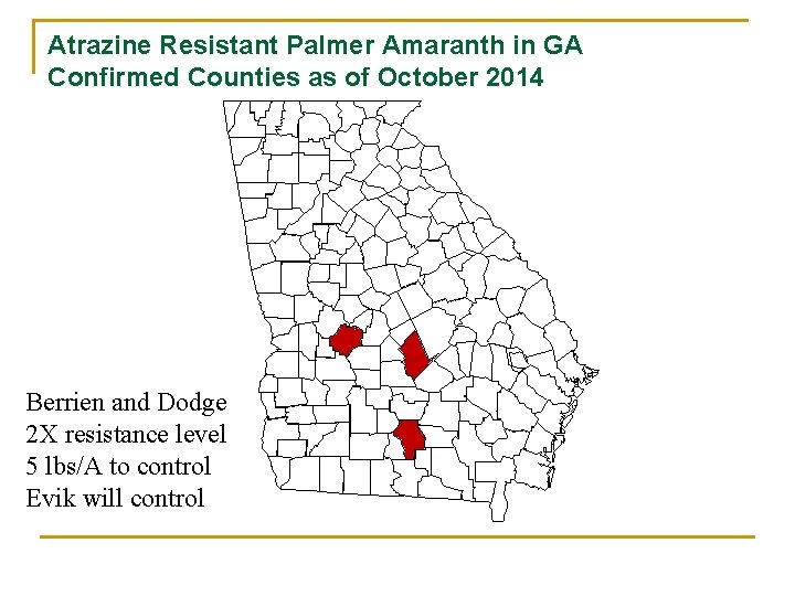 Atrazine Resistant Palmer Amaranth in GA Confirmed Counties as of October 2014 Berrien and