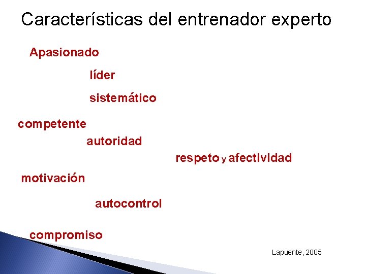 Características del entrenador experto Apasionado líder sistemático competente autoridad respeto y afectividad motivación autocontrol