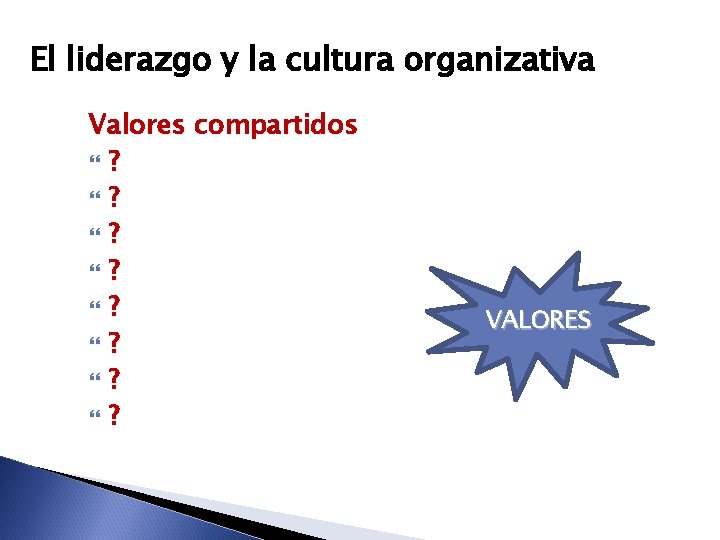 El liderazgo y la cultura organizativa Valores compartidos ? ? VALORES 