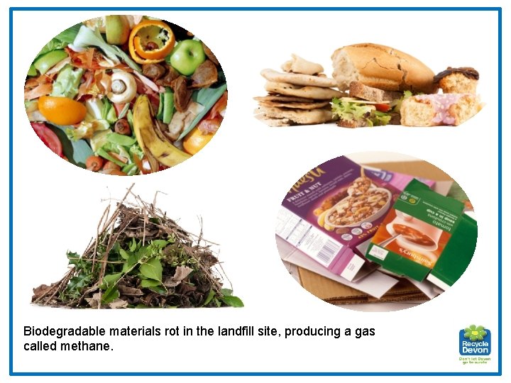 Biodegradable materials rot in the landfill site, producing a gas called methane. 