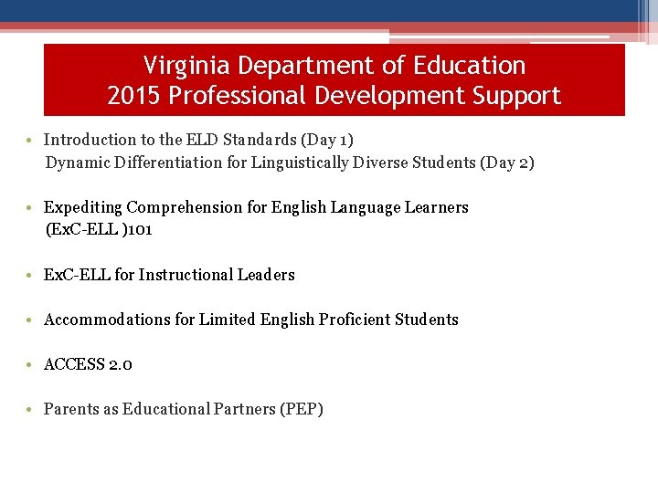 Virginia Department of Education 2015 Professional Development Support • Introduction to the ELD Standards