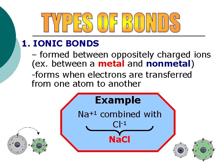 1. IONIC BONDS – formed between oppositely charged ions (ex. between a metal and