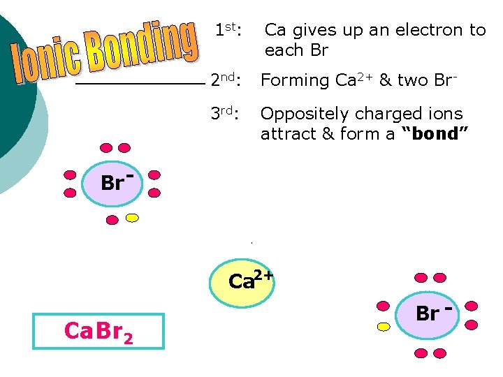 1 st: Ca gives up an electron to each Br 2 nd: Forming Ca