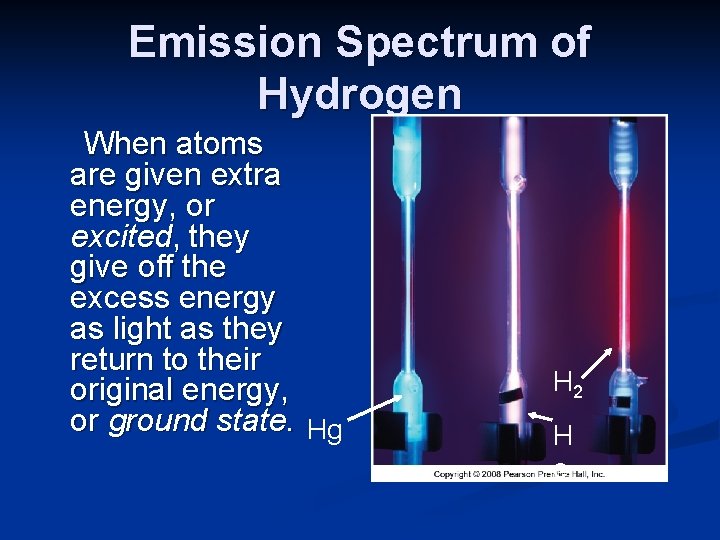 Emission Spectrum of Hydrogen When atoms are given extra energy, or excited, they give
