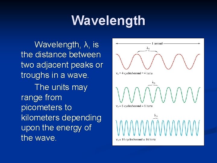 Wavelength, λ, is the distance between two adjacent peaks or troughs in a wave.