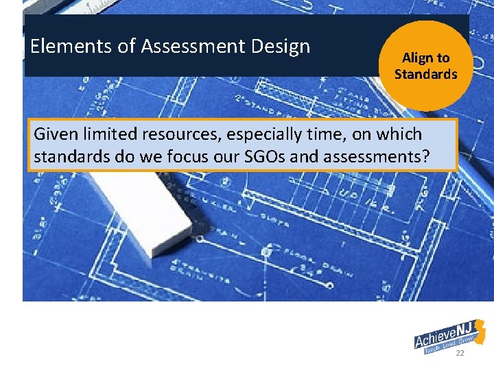 Elements of Assessment Design Align to Standards Given limited resources, especially time, on which