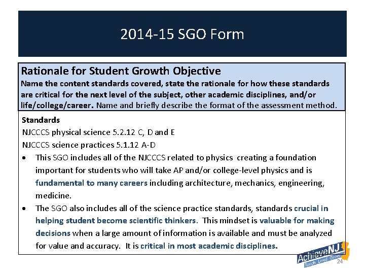 2014 -15 SGO Form Rationale for Student Growth Objective Name the content standards covered,