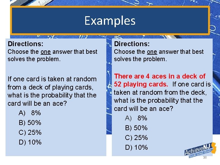 Examples Directions: Choose the one answer that best solves the problem. If one card