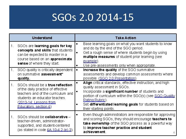 SGOs 2. 0 2014 -15 Understand 1. 1. SGOs are learning goals for key