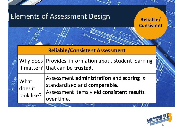 Elements of Assessment Design Reliable/ Consistent Reliable/Consistent Assessment Why does Provides information about student