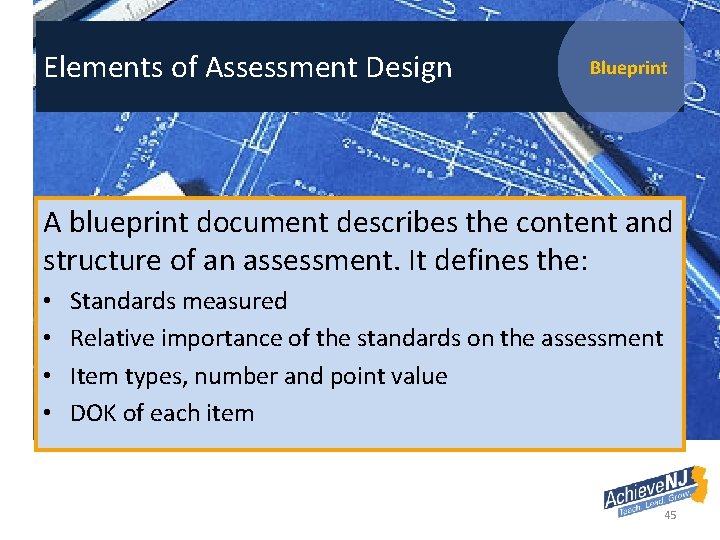 Elements of Assessment Design Blueprint A blueprint document describes the content and structure of