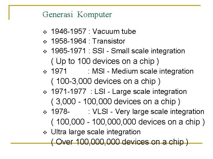 Generasi Komputer v v v 1946 -1957 : Vacuum tube 1958 -1964 : Transistor
