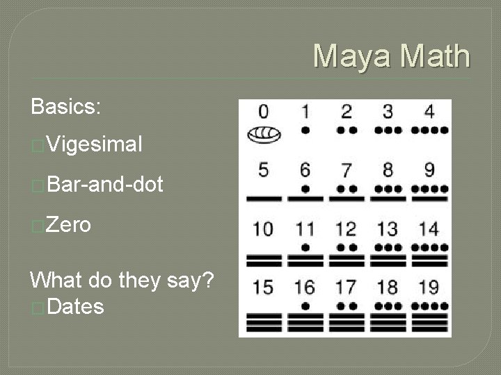 Maya Math Basics: �Vigesimal �Bar-and-dot �Zero What do they say? �Dates 