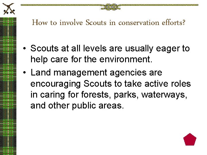 How to involve Scouts in conservation efforts? • Scouts at all levels are usually