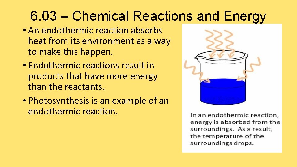 6. 03 – Chemical Reactions and Energy • An endothermic reaction absorbs heat from