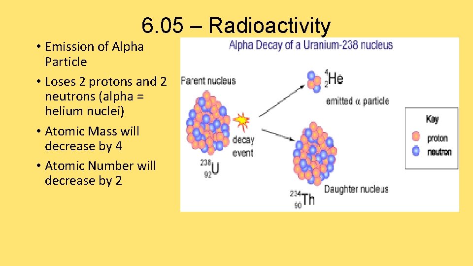 6. 05 – Radioactivity • Emission of Alpha Particle • Loses 2 protons and