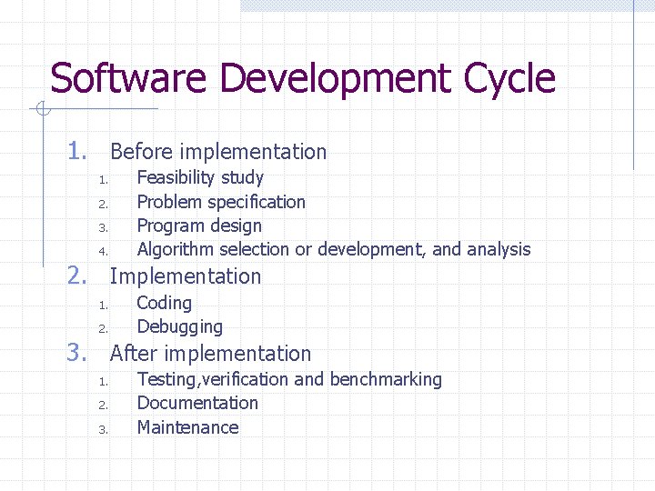 Software Development Cycle 1. Before implementation 1. 2. 3. 4. Feasibility study Problem specification