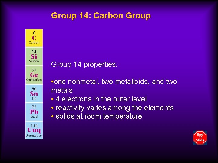 Group 14: Carbon Group 14 properties: • one nonmetal, two metalloids, and two metals