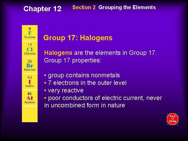 Chapter 12 Section 2 Grouping the Elements Group 17: Halogens are the elements in