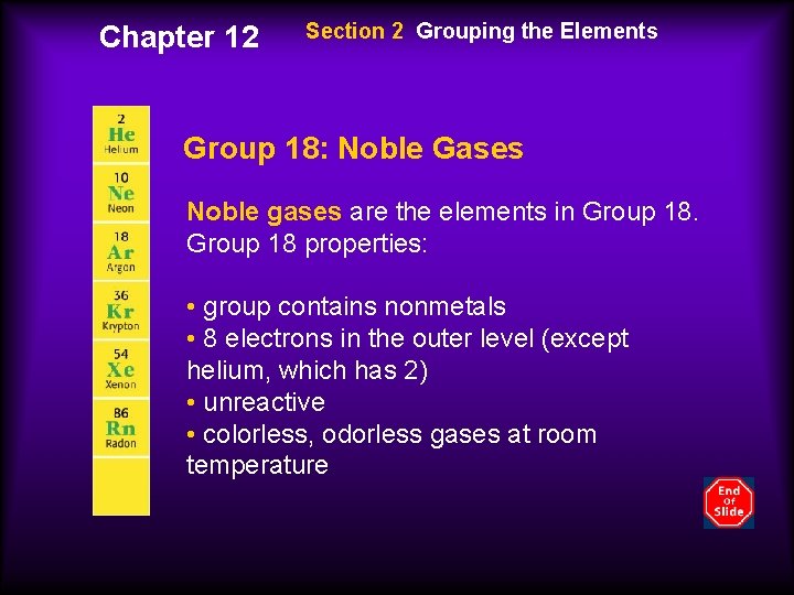 Chapter 12 Section 2 Grouping the Elements Group 18: Noble Gases Noble gases are