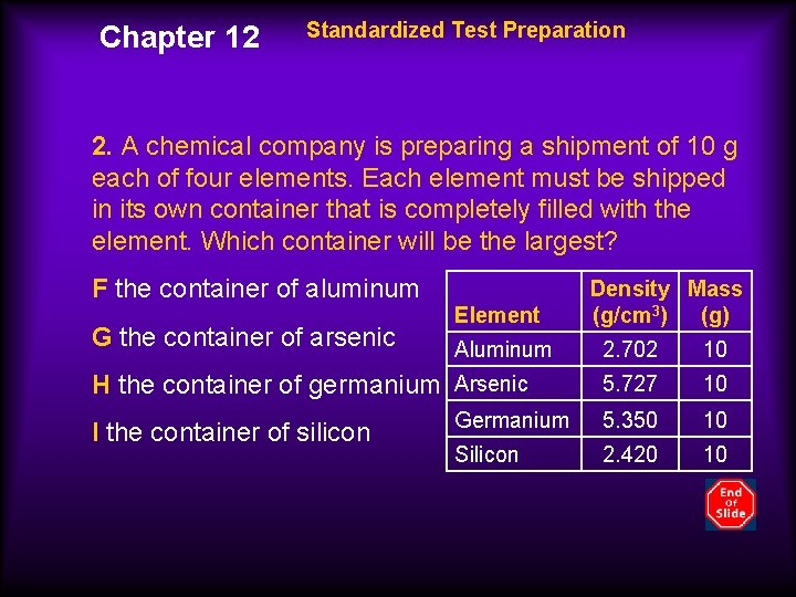 Chapter 12 Standardized Test Preparation 2. A chemical company is preparing a shipment of