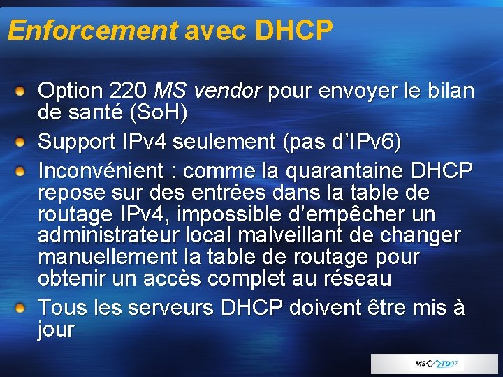 Enforcement avec DHCP Option 220 MS vendor pour envoyer le bilan de santé (So.