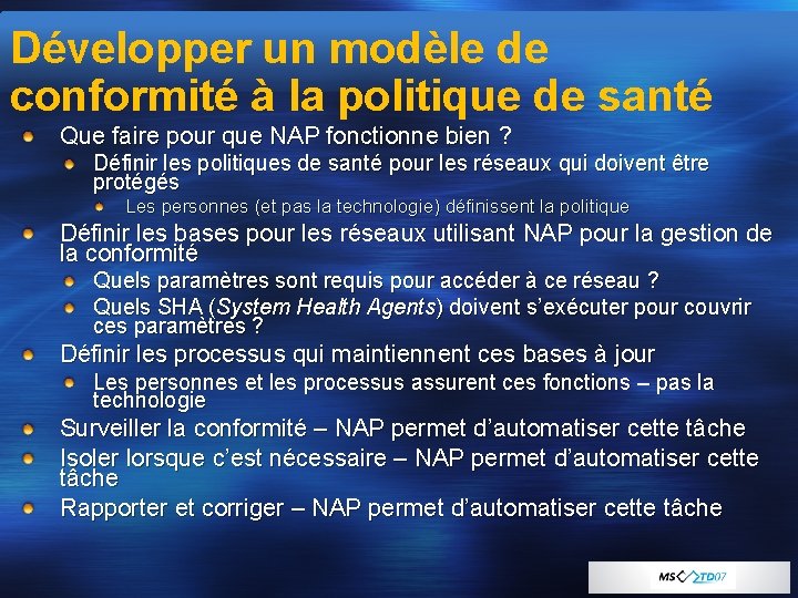 Développer un modèle de conformité à la politique de santé Que faire pour que