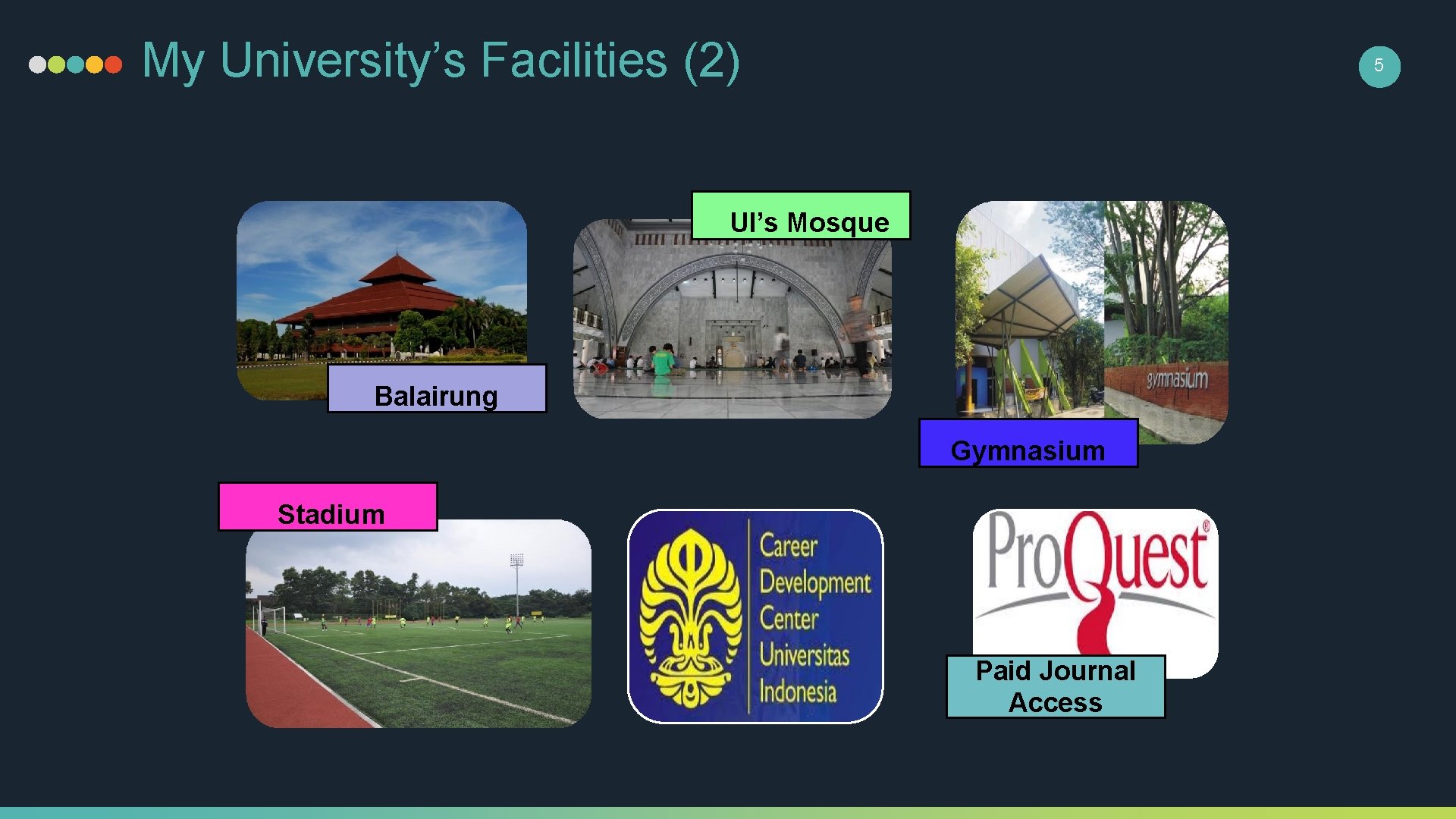 My University’s Facilities (2) 5 UI’s Mosque Balairung Gymnasium Stadium Paid Journal Access 