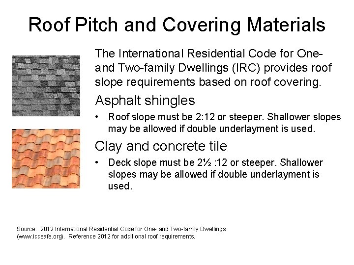 Roof Pitch and Covering Materials The International Residential Code for Oneand Two-family Dwellings (IRC)
