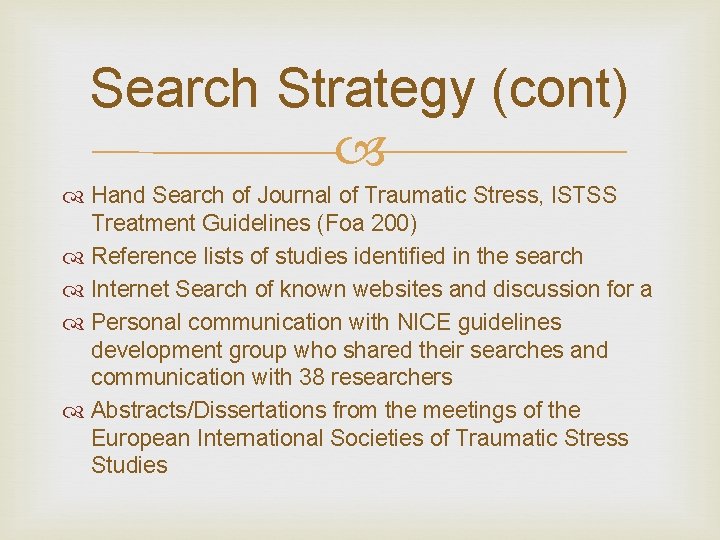 Search Strategy (cont) Hand Search of Journal of Traumatic Stress, ISTSS Treatment Guidelines (Foa
