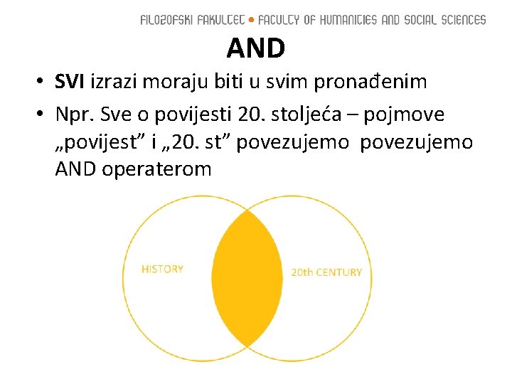 AND • SVI izrazi moraju biti u svim pronađenim • Npr. Sve o povijesti