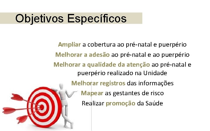Objetivos Específicos Ampliar a cobertura ao pré-natal e puerpério Melhorar a adesão ao pré-natal