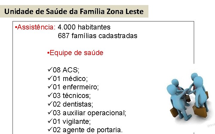 Unidade de Saúde da Família Zona Leste • Assistência: 4. 000 habitantes 687 famílias