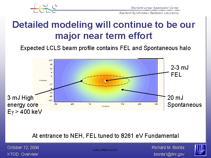 Detailed modeling will continue to be our major near term effort Expected LCLS beam