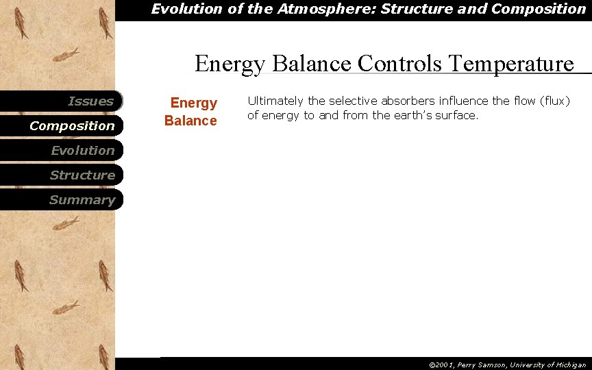 Evolution of the Atmosphere: Structure and Composition Energy Balance Controls Temperature Issues Composition Energy
