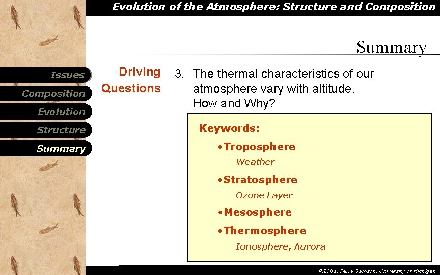 Evolution of the Atmosphere: Structure and Composition Summary Issues Composition Evolution Structure Summary Driving